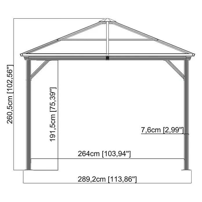 Sojag Standard-Pavillon Ventura 10 x 10 - B x T: 296 x 296 cm, Farbe Gestell: Anthrazit, Aluminium - Technische Zeichnung eines Pavillons mit Maßangaben in Zentimetern und Zoll.