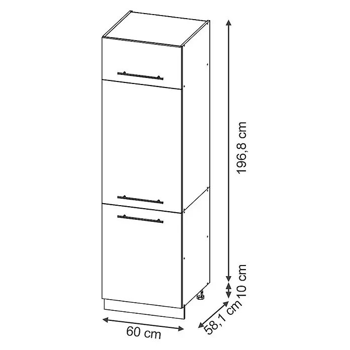 Vicco Schrankküche Fame-Line Schwarz gestreift - Schwarz gestreift, Kühlumbauschrank 60 cm - Hoher Küchenschrank mit Schublade und zwei Türen. Maße: H 196,8 cm, B 60 cm, T 58,1 cm, Sockel 10 cm.