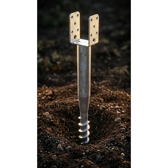 Krinner Bodendübel U-FIX 91 - Breite: 9 cm - Verzinkte Bodenschraube mit U-Pfostenträger, teilweise in dunkler Erde verankert, bereit zur Montage.