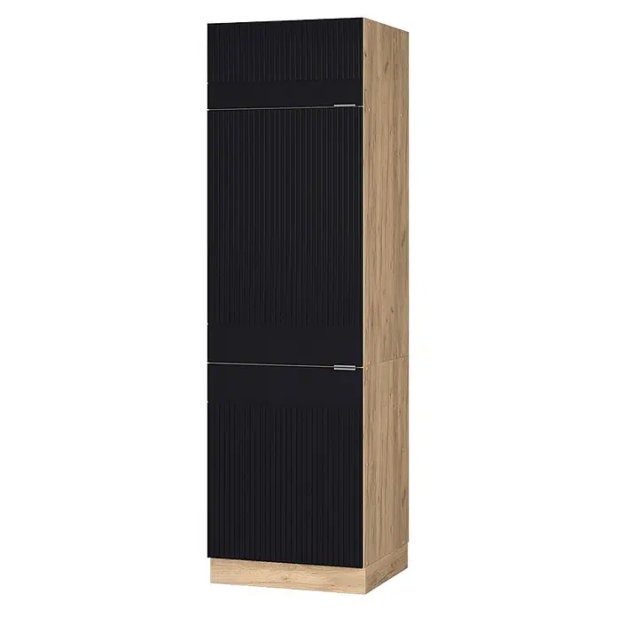 Vicco Schrankküche Fame-Line Schwarz gestreift - Schwarz gestreift, Kühlumbauschrank 60 cm - Hoher Schrank mit schwarzen gerillten Türen und hellem Holz-Effekt-Rahmen, mit integrierten Metallgriffen.