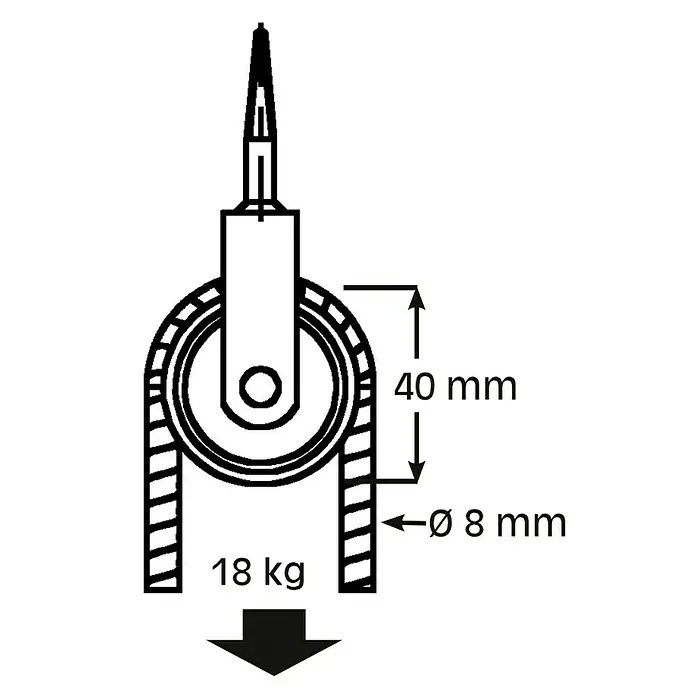 HBS Betz Seilrolle - Typ: Vogelseilrolle, Polyamid, Traglast: 18 kg, Durchmesser: 40 mm, 2 Stk. - Skizze einer Seilrolle mit den Maßen 40mm Höhe und einem Seildurchmesser von 8mm, belastet mit 18kg.