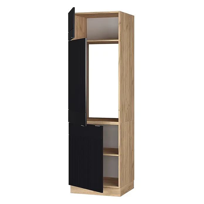 Vicco Schrankküche Fame-Line Schwarz gestreift - Schwarz gestreift, Kühlumbauschrank 60 cm - Hoher Schrank mit hellem Holzrahmen und schwarzen gerippten Türen, mit offenen Regalen und geschlossenen Fächern.