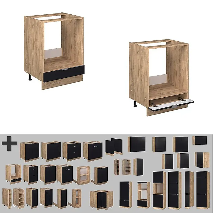 Vicco Schrankküche Fame-Line Schwarz gestreift, AP Marmor - Schwarz gestreift, Herdumbauschrank 60 cm, AP Marmor - Küchenschränke in heller Holzoptik und Schwarz, darunter Ofenunterschränke und diverse Schränke.