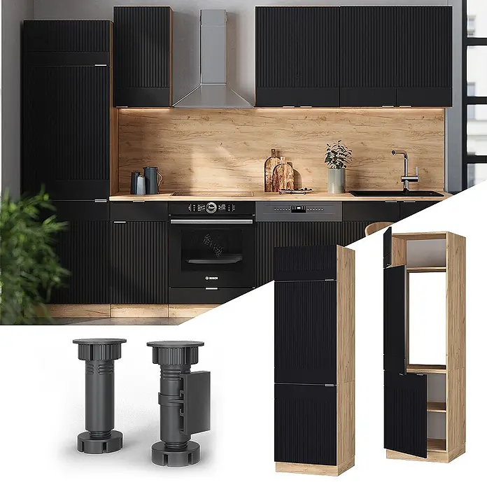 Vicco Schrankküche Fame-Line Schwarz gestreift - Schwarz gestreift, Kühlumbauschrank 60 cm - Moderne Küche mit schwarzen geriffelten Fronten, Holz-Arbeitsplatte, Einbaugeräten. Zeigt verstellbare Beine und Hochschrank.