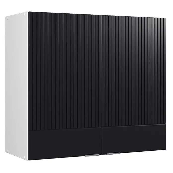 Vicco Schrankküche Fame-Line Schwarz gestreift - Schwarz gestreift, Hängeschrank 80 cm - Schwarz-weißer Schrank mit geriffelten oberen und glatten unteren Frontplatten, weiße Seitenwand.