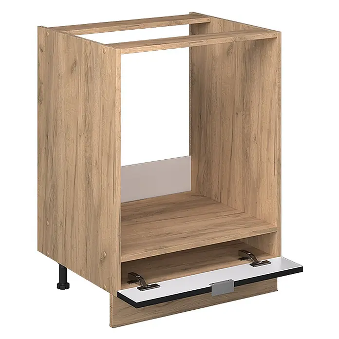 Vicco Schrankküche Fame-Line Schwarz gestreift, AP Marmor - Schwarz gestreift, Herdumbauschrank 60 cm, AP Marmor - Heller Eichenholz-Effekt Küchenunterschrank für Geräte mit offener Oberseite, Ablage und unterer Klappe, auf verstellbaren Füßen.