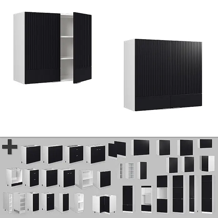 Vicco Schrankküche Fame-Line Schwarz gestreift - Schwarz gestreift, Hängeschrank 80 cm - Kollektion modularer Küchenschränke mit schwarzen Lamellentüren und weißen Korpi, als Unter-, Hänge- und Hochschränke dargestellt.