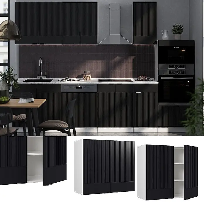 Vicco Schrankküche Fame-Line Schwarz gestreift - Schwarz gestreift, Hängeschrank 80 cm - Moderne schwarze Küchenschränke mit geriffelten Fronten, teilweise geöffnet, um Innenregale zu zeigen.
