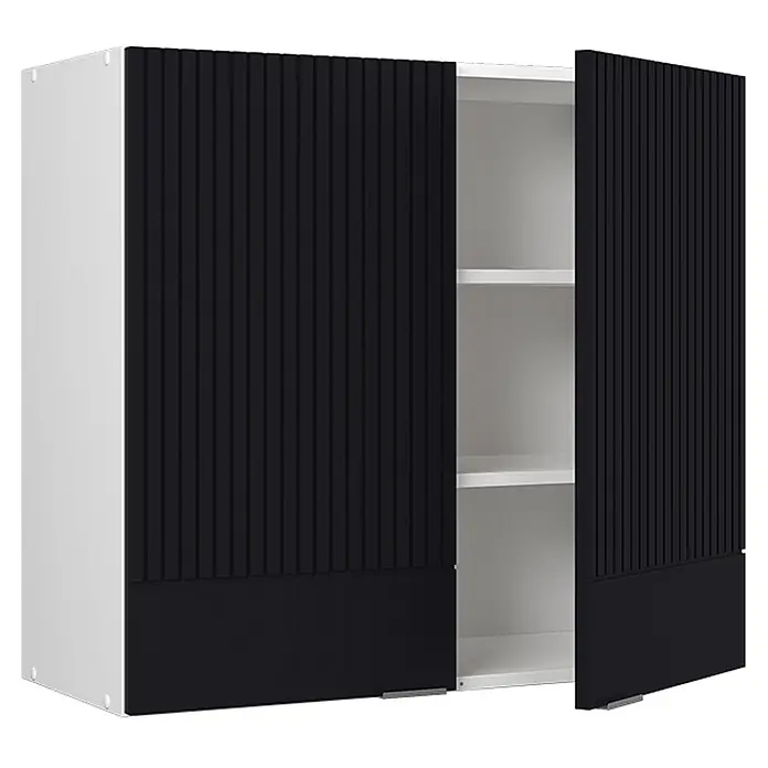 Vicco Schrankküche Fame-Line Schwarz gestreift - Schwarz gestreift, Hängeschrank 80 cm - Weißer Wandschrank mit schwarzen geriffelten Türen, eine teilweise geöffnet, die Innenregale zeigt.