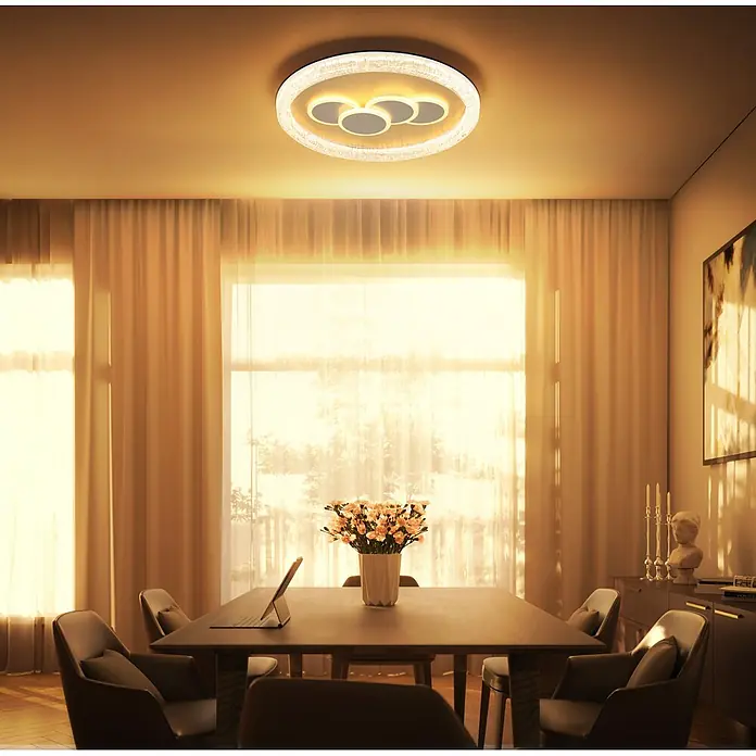 Globo LED-Deckenleuchte rund Loraine - 40 W, Ø x H: 49,5 x 70 cm - Runde Deckenleuchte mit kristallähnlichem Außenring und vier inneren Kreisleuchten, die einen warmen Essbereich beleuchten.