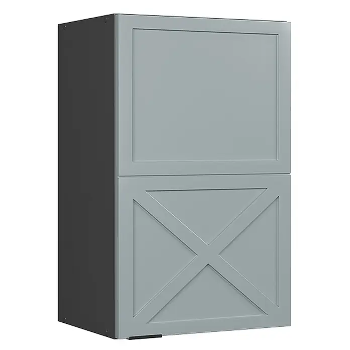 Vicco Schrankküche Fame-Line Hellblau-grau - Hellblau-grau, Hängeschrank 45 cm - Hellgrauer Schrank mit zwei Türen; obere Tür mit vertiefter Füllung, untere Tür mit dekorativem X-Design.