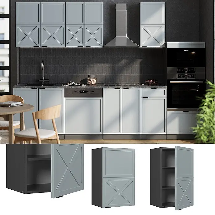 Vicco Schrankküche Fame-Line Hellblau-grau - Hellblau-grau, Hängeschrank 45 cm - Modulare hellgraue Küchenschränke mit X-förmigen Paneelen, teilweise mit dunkelgrauem Innenleben.