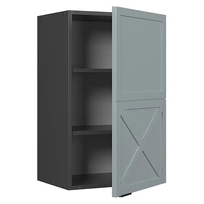 Vicco Schrankküche Fame-Line Hellblau-grau - Hellblau-grau, Hängeschrank 45 cm - Dunkelgrauer Wandschrank mit Regalböden und einer hellgrauen Tür mit Zierpaneelen, leicht geöffnet.