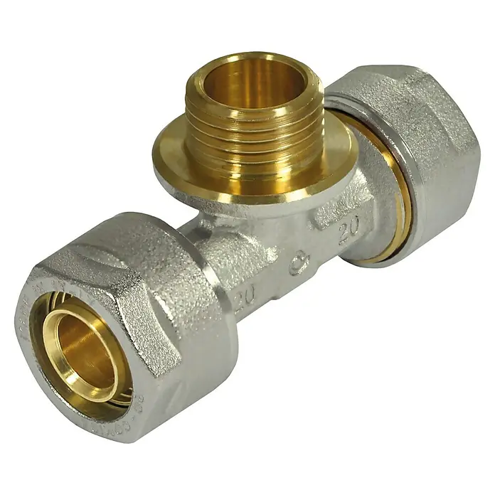 Comisa Schraub-T-Stück - Durchmesser: 16 mm, Außengewinde: ½″, Vernickelt - Nahaufnahme eines T-Stück-Rohrverbinders aus Messing und Metall mit Gewindeanschlüssen für Sanitäranwendungen.