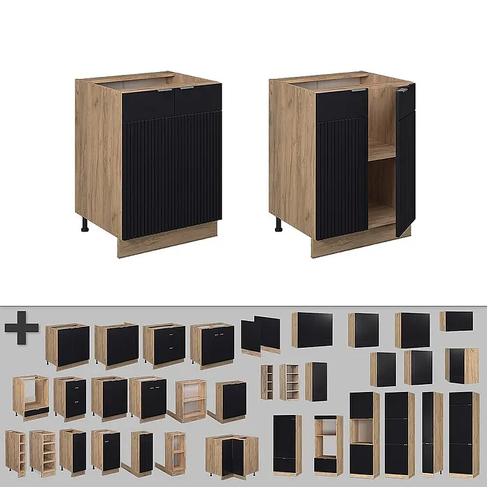 Vicco Küchenunterschrank Fame-Line, Schwarz gestreift, 60 cm -  - Modul-Küchenunterschrank in heller Holzoptik, mit schwarzer geriffelter Tür und Schublade. Geschlossen und offen mit Einlegeboden gezeigt.