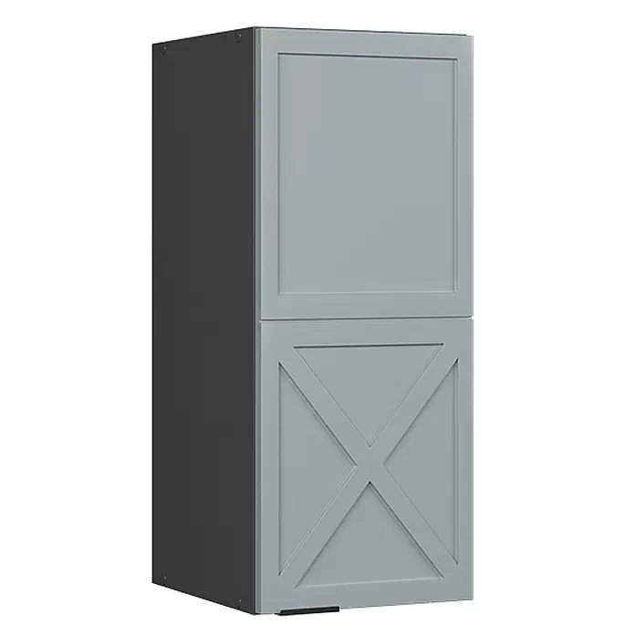 Vicco Schrankküche Fame-Line Hellblau-grau - Hellblau-grau, Hängeschrank 30 cm - Grauer zweitüriger Wandschrank mit einem gerahmten oberen Türpaneel und einer unteren Tür mit X-Design. Dunkelgraue Seite.
