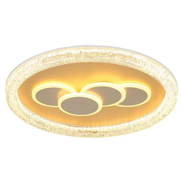 Globo LED-Deckenleuchte rund Loraine - 40 W, Ø x H: 49,5 x 70 cm - Runde LED-Deckenleuchte mit goldener Innenplatte, klarem strukturiertem Außenring und vier überlappenden Kreislichtmodulen.