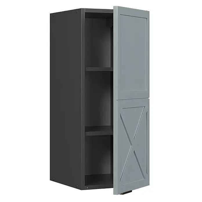 Vicco Schrankküche Fame-Line Hellblau-grau - Hellblau-grau, Hängeschrank 30 cm - Dunkelgrauer Hängeschrank mit leicht geöffneter hellgrauer Tür mit X-Muster, die dunkle Innenfächer zeigt.