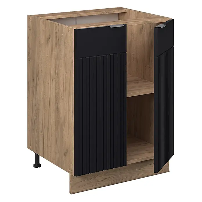 Vicco Küchenunterschrank Fame-Line, Schwarz gestreift, 60 cm -  - Küchenunterschrank in heller Holzoptik mit zwei schwarzen Türen, oben glatt, unten gerillt, und silbernen Griffen. Mit Innenregal.