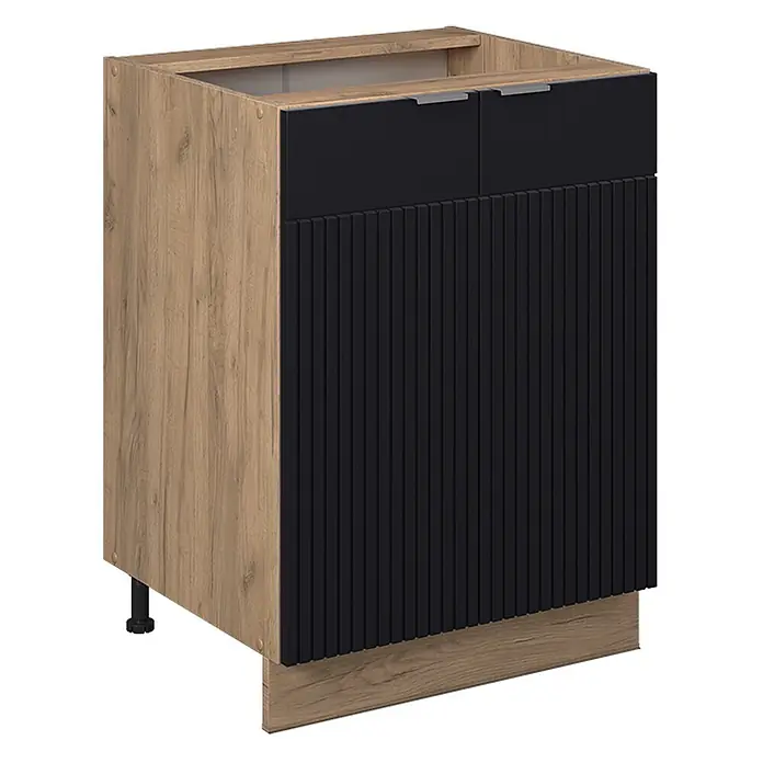Vicco Schrankküche Fame-Line Schwarz gestreift ohne Arbeitsplatte - Schwarz gestreift, Unterschrank 60 cm - Küchenunterschrank in Holzoptik mit zwei schwarzen Schubladen und einer geriffelten schwarzen Tür mit Griffen.