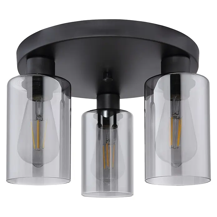 Globo Deckenleuchte Hadera - 40 W, E27 - Schwarze Deckenleuchte aus Metall mit drei klaren Glasschirmen und LED-Filamentlampen.