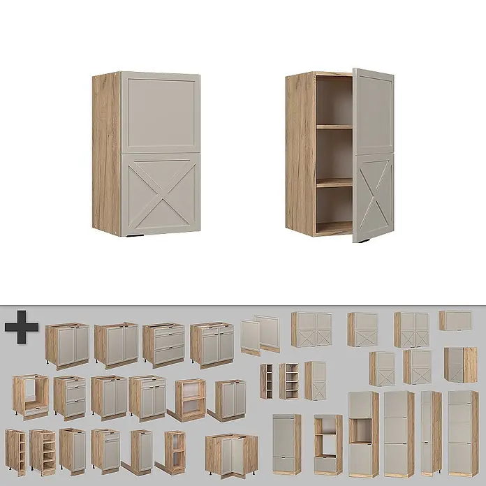 Vicco Schrankküche Fame-Line GrauBeige - GrauBeige, Hängeschrank 40 cm - Modulare Küchenschränke in heller Holzoptik und Grau, inkl. Unter-, Ober- und Hochschränke, teils mit X-Detailtüren.