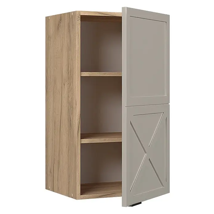 Vicco Schrankküche Fame-Line GrauBeige - GrauBeige, Hängeschrank 40 cm - Hellbrauner Schrank mit Einlegeböden und geöffneter hellgrauer Tür mit X-förmigen Details.