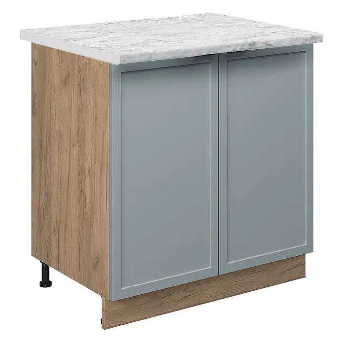 Vicco Schrankküche Fame-Line Hellblau-grau mit Regal, AP Marmor - Hellblau-grau, Unterschrank 80 cm, AP Marmor - Grauer Shaker-Unterschrank mit weißer Marmorplatte, Holzmaserung an Seite und Sockel, schwarzen Standfüßen.