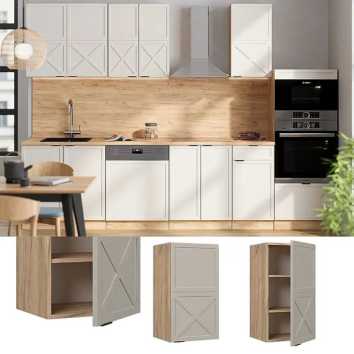 Vicco Schrankküche Fame-Line GrauBeige - GrauBeige, Hängeschrank 40 cm - Moderne Küchenschränke mit hellgrauen Türen im X-Muster und warmen Holzpaneelen.
