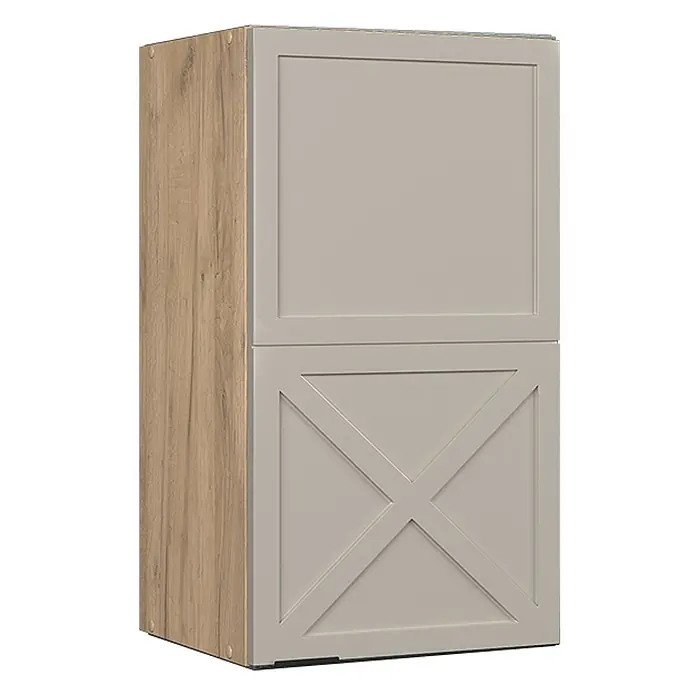 Vicco Schrankküche Fame-Line GrauBeige - GrauBeige, Hängeschrank 40 cm - Zweitüriger hellgrauer Schrank mit Holzseiten, obere Tür gerahmt, untere mit X-Design.