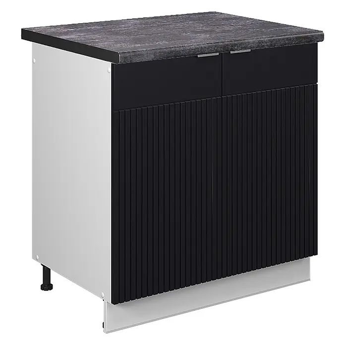 Vicco Spülenunterschrank Fame-Line, Schwarz gestreift, 80 cm -  - Schwarz-weißer Küchenunterschrank mit dunkelgrauer Arbeitsplatte, zwei Schubladen und geriffelten Türen.