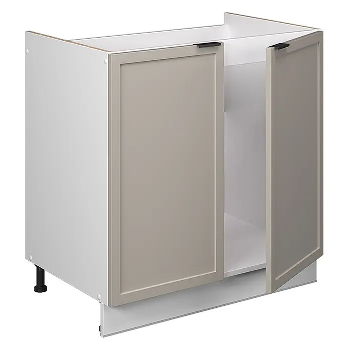 Vicco Schrankküche Fame-Line GrauBeige, AP Eiche - GrauBeige, Spülenunterschrank 80 cm, AP Eiche - Helles beiges Küchenunterschrank mit weißem Korpus, zwei Türen und schwarzen Griffen. Eine Tür ist leicht geöffnet.
