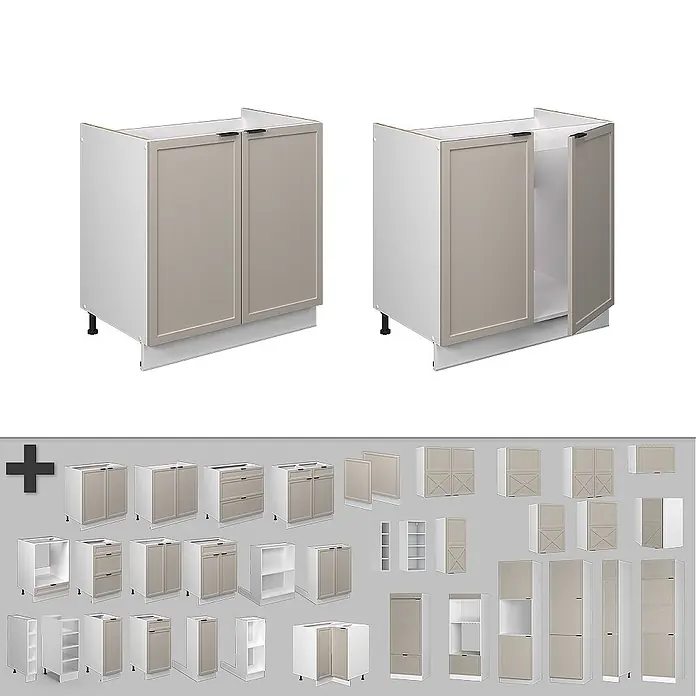 Vicco Schrankküche Fame-Line GrauBeige, AP Eiche - GrauBeige, Spülenunterschrank 80 cm, AP Eiche - Modulare Küchenschränke mit hellbeigen Türen und weißen Korpen, in verschiedenen offenen und geschlossenen Konfigurationen.
