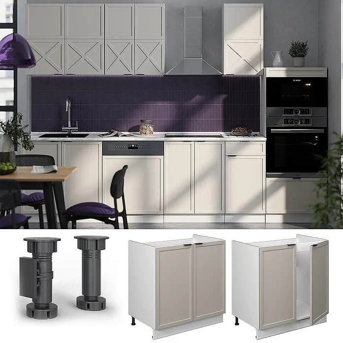 Vicco Schrankküche Fame-Line GrauBeige, AP Eiche - GrauBeige, Spülenunterschrank 80 cm, AP Eiche - Helle beige Rahmen-Küchenunterschränke mit verstellbaren dunkelgrauen Beinen, in Küche und als Einzelteile gezeigt.