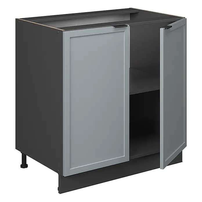 Vicco Schrankküche Fame-Line Hellblau-grau mit Regal, AP Eiche - Hellblau-grau, Unterschrank 80 cm, AP Eiche - Zweitüriger Küchenunterschrank mit dunkelgrauem Korpus und hellgrauen Rahmentüren, mit verstellbaren Füßen und Sockel.
