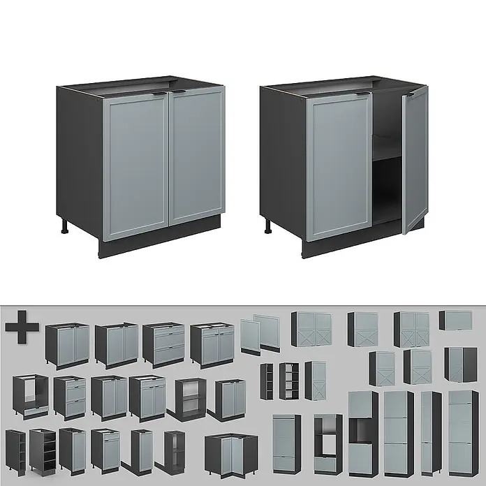 Vicco Schrankküche Fame-Line Hellblau-grau mit Regal, AP Eiche - Hellblau-grau, Unterschrank 80 cm, AP Eiche - Dunkelgraue Küchenschrankmodule mit hellgrauen Türen und Schubladen, verschiedene Typen.