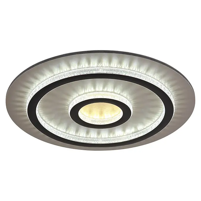 Globo LED-Deckenleuchte rund Jayden - 40 W, Ø x H: 45 x 5,5 cm - Moderne runde LED-Deckenleuchte mit konzentrischen Ringen aus grauem Metall und Schwarz, beleuchteten Kristalldiffusoren.
