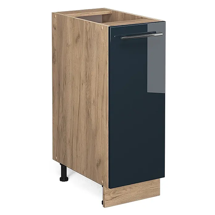 Vicco Schrankküche Fame-Line Dunkelblau Hochglanz ohne Arbeitsplatte - Dunkelblau Hochglanz, Apothekerunterschrank 30 cm - Küchenunterschrank in Holzoptik mit glänzender, dunkelblauer Tür und Metallgriff.
