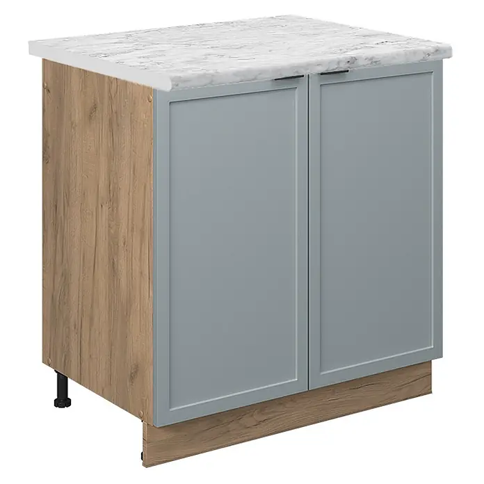 Vicco Schrankküche Fame-Line Hellblau-grau, AP Marmor - Hellblau-grau, Spülenunterschrank 80 cm, AP Marmor - Küchenunterschrank mit Holzoptik-Seiten, grauen Rahmentüren, Marmoroptik-Arbeitsplatte und schwarzen Griffen.