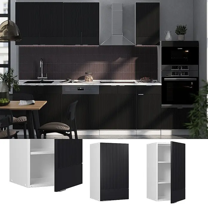 Vicco Schrankküche Fame-Line Schwarz gestreift - Schwarz gestreift, Hängeschrank 40 cm - Schwarze gerippte Küchenschränke mit unterem Paneeldesign, gezeigt in einer Küche und einzeln.