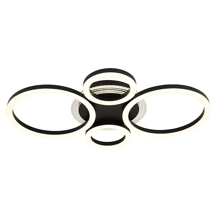 Globo LED-Deckenleuchte Loretta - 50 W, L x B x H: 530 x 355 x 61 mm - Schwarze Deckenleuchte mit mehreren beleuchteten konzentrischen und überlappenden weißen Ringen.