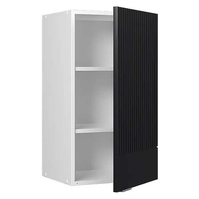 Vicco Schrankküche Fame-Line Schwarz gestreift - Schwarz gestreift, Hängeschrank 40 cm - Weißer Wandschrank mit teilweise geöffneter schwarzer gerillter Tür, zwei weißen Einlegeböden.
