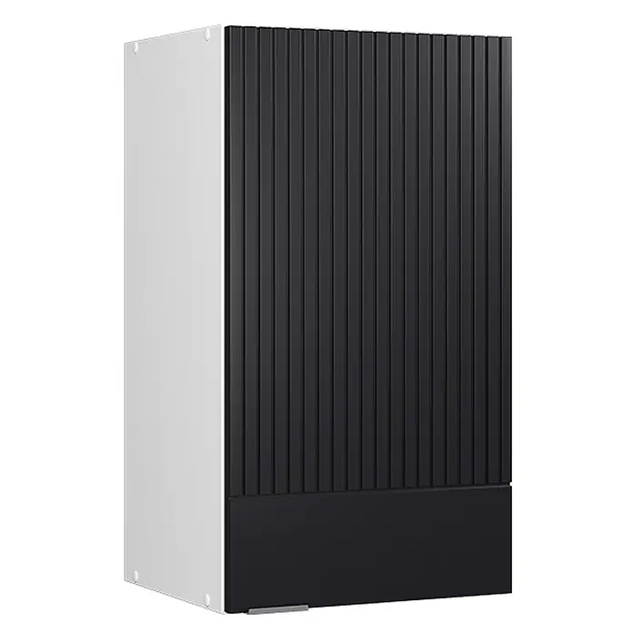 Vicco Schrankküche Fame-Line Schwarz gestreift - Schwarz gestreift, Hängeschrank 40 cm - Dunkelgrauer Schrank mit vertikal gerippter Front, hellgrauer Seitenwand und schwarzem Sockel.