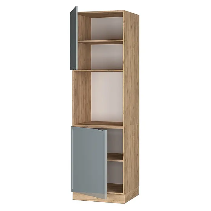 Vicco Schrankküche Fame-Line Hellblau-grau offen - Hellblau-grau, Herdumbauschrank 60 cm - Hoher Schrank in Holzoptik mit Regalböden und zwei teilweise geöffneten grau-blauen Türen.