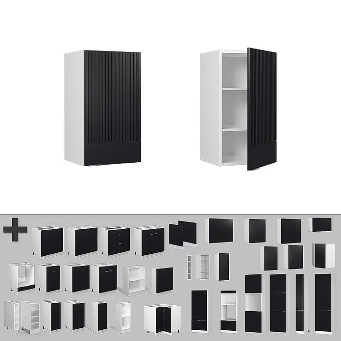 Vicco Schrankküche Fame-Line Schwarz gestreift - Schwarz gestreift, Hängeschrank 40 cm - Modulare Küchenschränke mit schwarzen geriffelten Türen und weißen Rahmen, als Unter-, Ober- und Hochschränke.