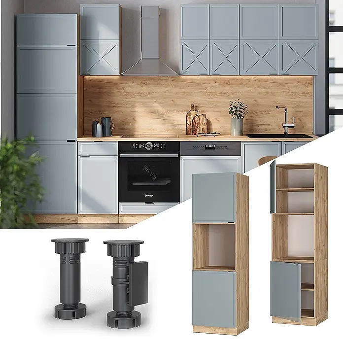Vicco Schrankküche Fame-Line Hellblau-grau offen - Hellblau-grau, Herdumbauschrank 60 cm - Moderne Küche mit hellblauen Schränken und Holzdetails. Details: graue verstellbare Möbelfüße und hohe Holzschränke mit hellblauen Türen, offen/geschlossen.