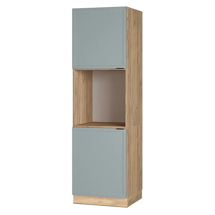 Vicco Schrankküche Fame-Line Hellblau-grau offen - Hellblau-grau, Herdumbauschrank 60 cm - Hoher Schrank in Holzoptik mit hellblaugrauen Türen und einem zentralen offenen Fach.