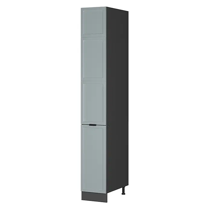 Vicco Schrankküche Fame-Line Hellblau-grau - Hellblau-grau, Apothekerhochschrank 30 cm - Hoher hellgrauer Schrank mit Kassettentüren, schwarzem Griff und dunkelgrauen Seitenwänden auf verstellbaren Füßen.