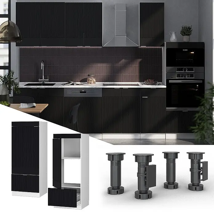 Vicco Schrankküche Fame-Line Schwarz gestreift - Schwarz gestreift, Mikrowellenschrank 60 cm (voll) - Schwarze, geriffelte Küchenschränke und passende Stützbeine in einer modernen Küche und als Einzelteile.