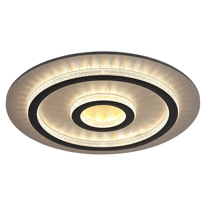 Globo LED-Deckenleuchte rund Jayden - 40 W, Ø x H: 45 x 5,5 cm - Moderne runde LED-Deckenleuchte mit mehreren Ringen, gebürstetem Metall und funkelnden Kristalldiffusoren, die warmes Licht abstrahlen.